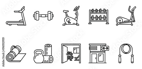 A collection of clean line art icons representing various gym equipment and fitness symbols, perfect for health and wellness themes.