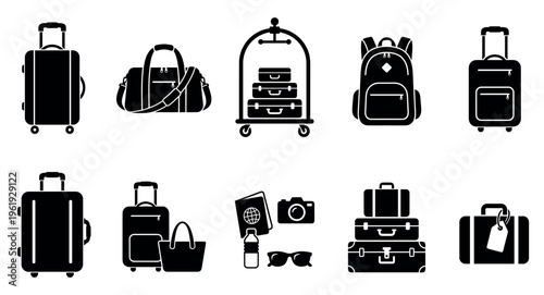 A collection of black and white vector icons representing various travel luggage, including suitcases, duffel bags, and backpacks, perfect for travel websites and apps.