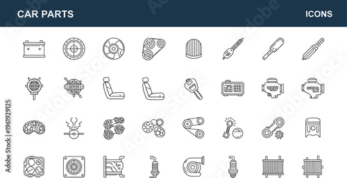Car parts line icons set with automotive components engine battery radiator editable stroke outline vector collection for vehicle maintenance services