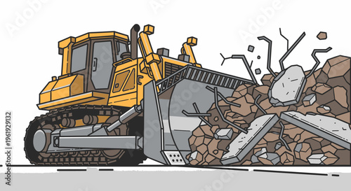 Bulldozer pushing pile of rubble.
