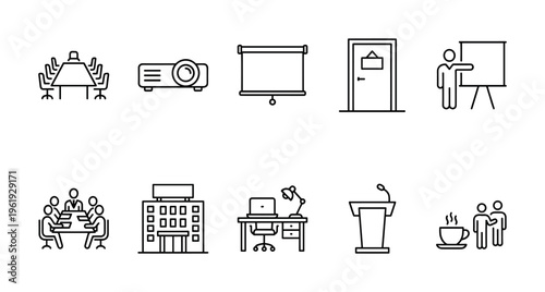 A collection of clean line art icons depicting business and office scenarios including meetings, presentations, and work spaces, suitable for various professional uses.
