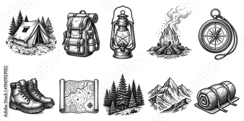 A collection of vintage style black and white illustrations depicting essential camping and hiking equipment including a tent, backpack, lantern, campfire, compass, boots, map, trees.