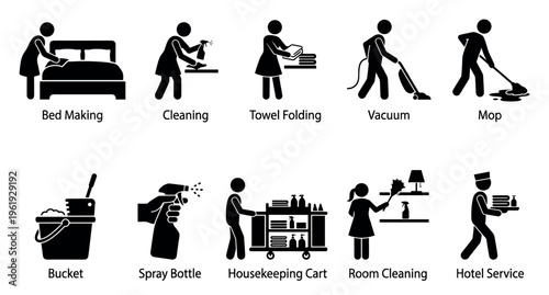 A collection of black minimalist pictogram icons depicting various housekeeping tasks like bed making, vacuuming, mopping, and hotel room services.
