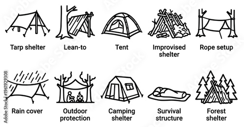 A set of simple line art icons illustrating various outdoor shelters including tents, tarps, and improvised structures for camping and survival.