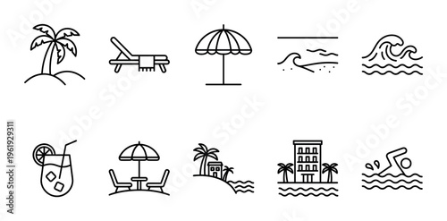 A clean line art vector icon set depicting various tropical beach vacation elements such as palm trees, lounge chairs, umbrellas, waves, and a swimmer.