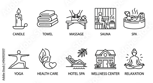 A collection of line art icons depicting various wellness and spa services including massage, sauna, yoga, and relaxation for healthy lifestyle concepts.