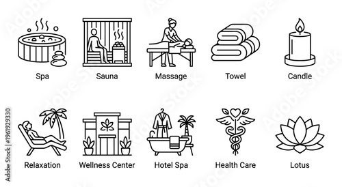 Collection of clean line art icons representing spa treatments, sauna, massage, relaxation, wellness centers, hotel spa, health care, and lotus flowers.