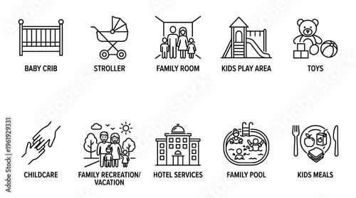 A collection of clean line art icons representing various family and children's activities and services, perfect for websites and apps.