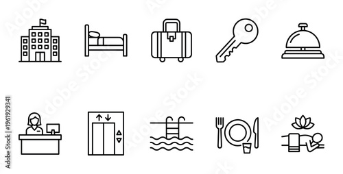 A clean, minimalist line art collection of hotel service icons presented on a white background, ideal for travel and hospitality themes.