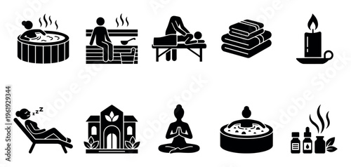 Collection of black and white pictogram icons representing spa treatments, relaxation, and wellness activities like hot tubs, saunas, massages, and meditation.