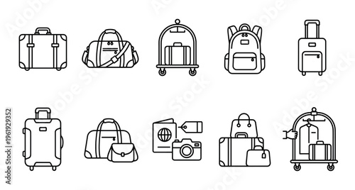 A collection of minimalist outline icons depicting various travel luggage, including suitcases, duffel bags, backpacks, and baggage carts, perfect for travel and transport themes.