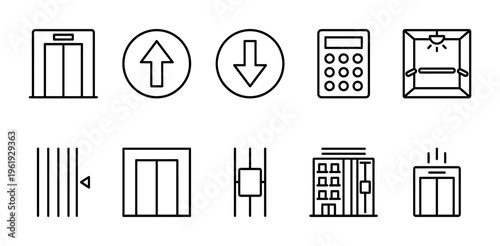 A collection of minimalist black line icons representing various elevator elements including doors, buttons, shafts, and buildings, perfect for technology and architecture concepts.