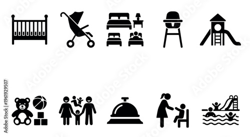 A collection of black icons depicting items and scenes related to childcare, family, travel, and hotel amenities, offering a versatile visual aid.