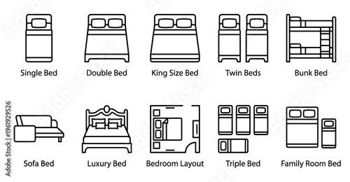 A collection of line art icons representing various bed types including single, double, king, twin, bunk, sofa, luxury, triple, and family room beds, plus a bedroom layout.