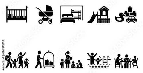 A collection of black silhouette icons representing various aspects of family life, from childhood to travel and activities.
