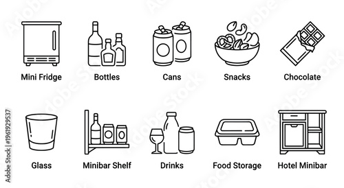Clean line art icons represent various minibar items like a mini fridge, bottles, cans, snacks, chocolate, glass, shelf, drinks, food storage, and hotel minibar.