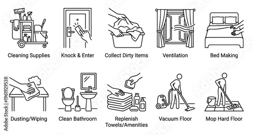 Set of minimalist line art icons depicting various hotel housekeeping and cleaning tasks, including supplies, bed making, and floor mopping, ideal for service industries.