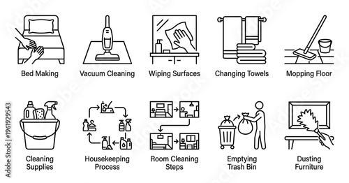 A collection of simple line art icons illustrating various household chores and cleaning tasks, perfect for design projects about domestic services.