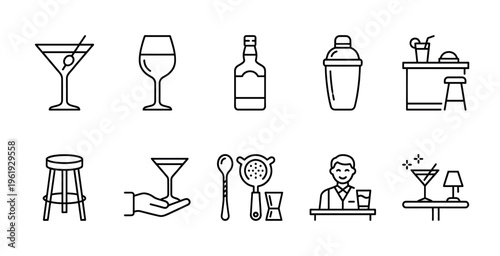 A collection of minimalist black and white line art icons depicting bar essentials including cocktails, bottles, shakers, bar stools, and a bartender.