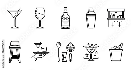 A collection of minimalist line art icons representing bar essentials like drinks, bottles, shakers, and bar tools, suitable for hospitality and beverage themes.