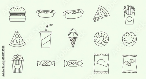 Fast Food Icons - Burger, Pizza, Fries, and Sweet Treats.