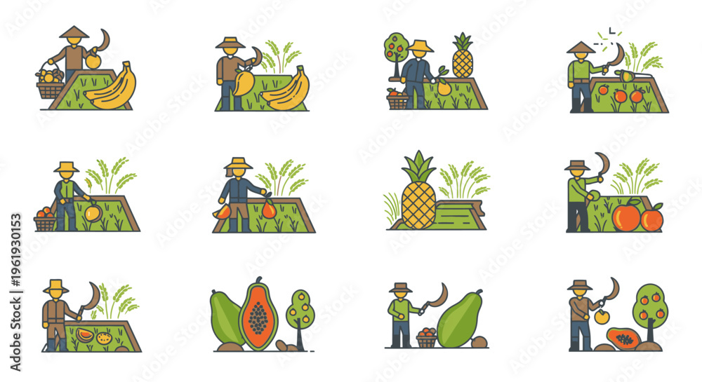 Fototapeta premium Farmers harvesting various fruits and vegetables.