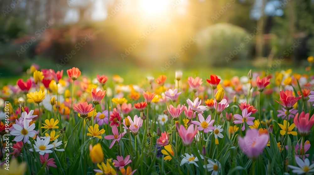 Obraz premium Beautiful colorful spring flower blooming in bright peaceful green meadow under warm morning sunlight creating joyful vibrant nature scenery for garden landscape background