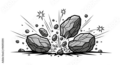 Explosion of rocks and stones fragments.