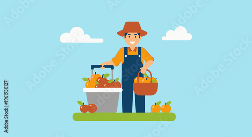 Farmer holding basket and produce crate.