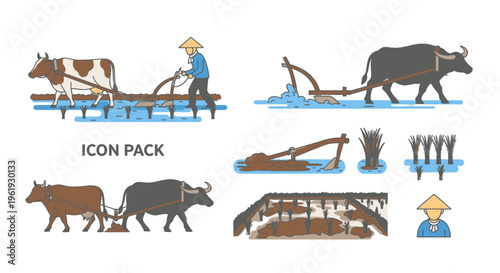 Farmer with oxen plowing field.