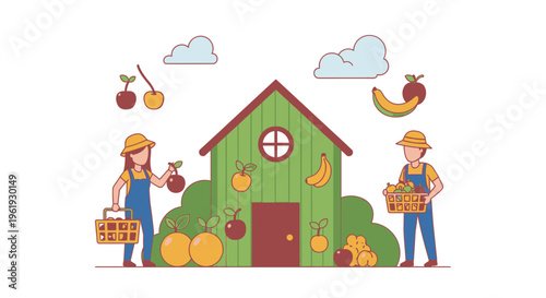 Farmers harvesting fruits from a basket.