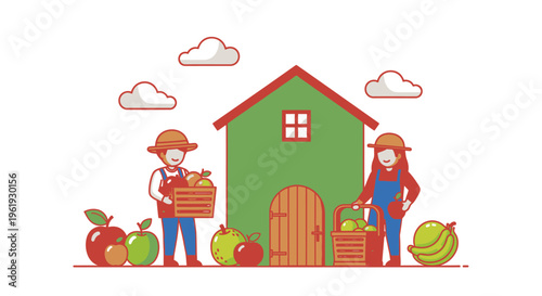 Farmers with baskets of fresh produce.