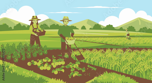 Farmers working in a field together.