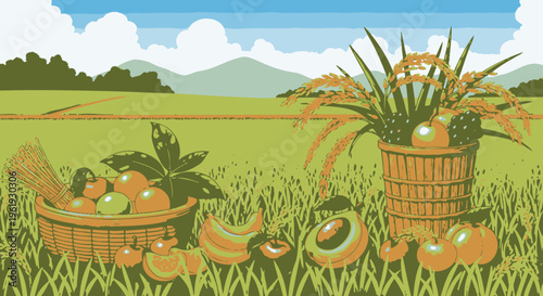 Fresh fruits in wicker baskets outdoors.