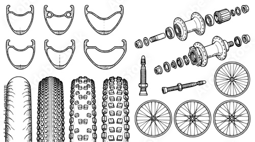 Bicycle parts and accessories illustrated in detailed vector graphics
