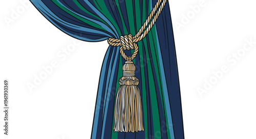 Gold tassel on blue green curtain.