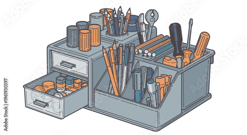 Gray desk organizer with office supplies.