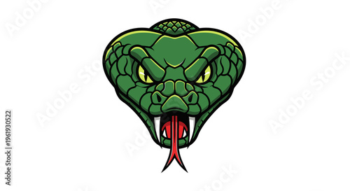 Green snake head with fangs out.