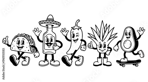 Cartoon food characters dancing and having fun together outside