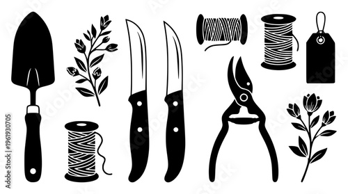 Vector graphic illustration of gardening and crafting tools set