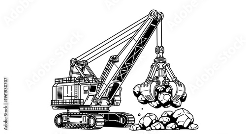 Heavy duty excavator machine lifting rocks.