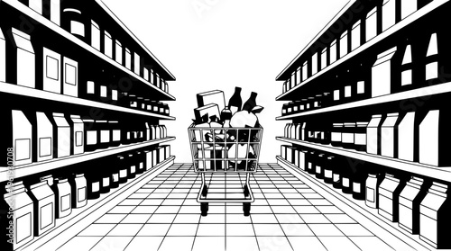 Grocery shopping cart filled with items in supermarket aisle