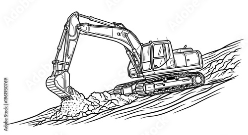 Heavy excavator digging into ground.