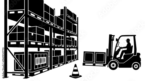 Warehouse worker operating forklift with pallet and shelving units