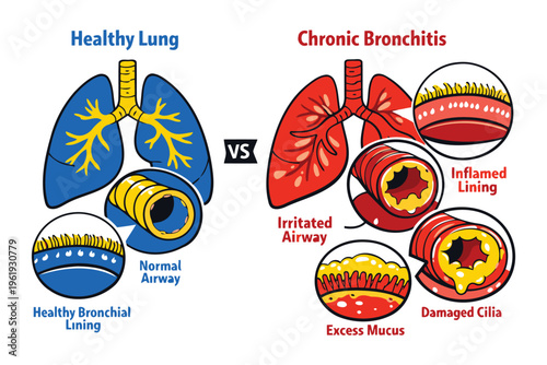 A comparative medical illustration of a healthy lung versus a lung suffering from chronic bronchitis Vector