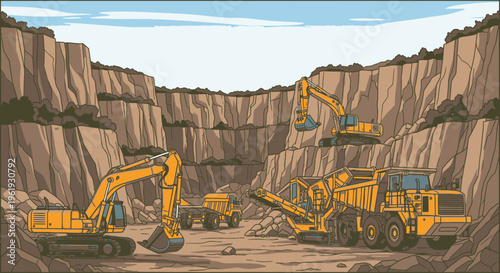 Heavy machinery at a quarry site.
