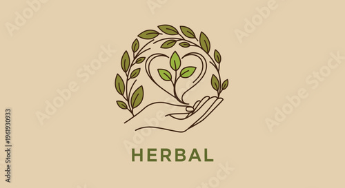 Herbal logo with hand and leaves.