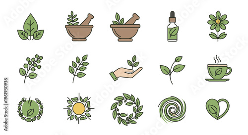 Herbal medicine icons and symbols.