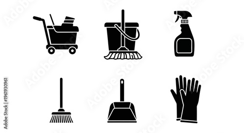 Cleaning Supplies Icons Set: Cart, Bucket, Broom, Dustpan, Sprayer, Gloves