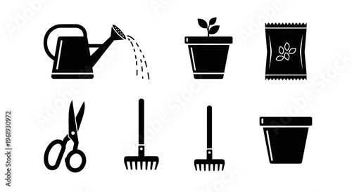 Gardening Tools Icons Set: Watering Can, Plant Pot, Seeds, Scissors, Rake